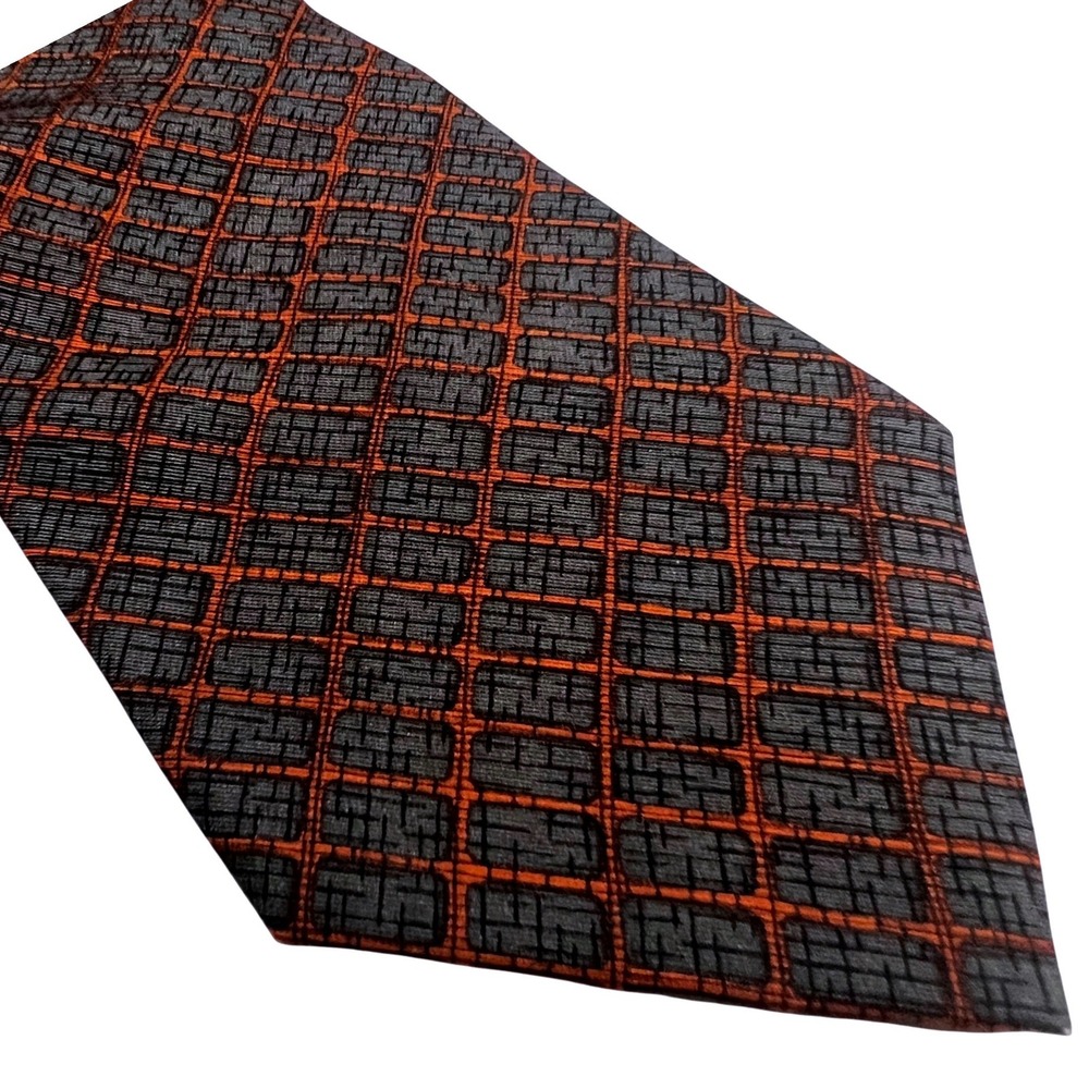 Donna Karan Signature Mens Silk Tie Italy‎ Fabric Grey Orange Geometric Grid